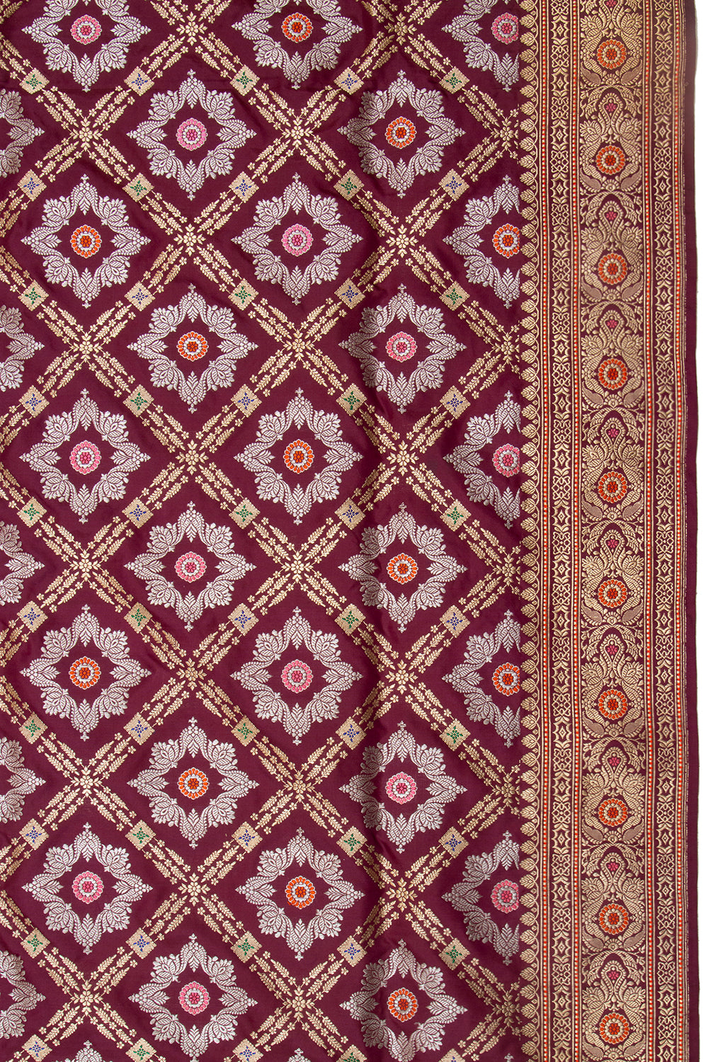 Banarasi Silk Kadwa Criss Cross Checks Maroon Saree