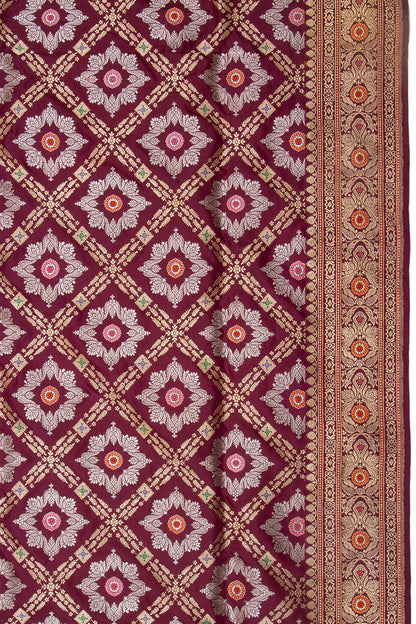 Banarasi Silk Kadwa Criss Cross Checks Maroon Saree