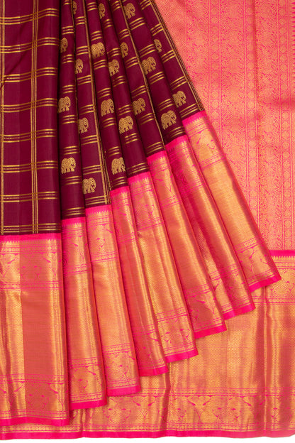 Kanchipuram Silk Checks And Butta Burgundy Saree