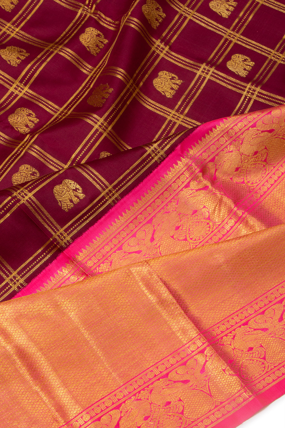 Kanchipuram Silk Checks And Butta Burgundy Saree