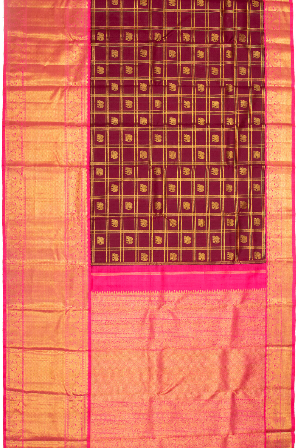 Kanchipuram Silk Checks And Butta Burgundy Saree