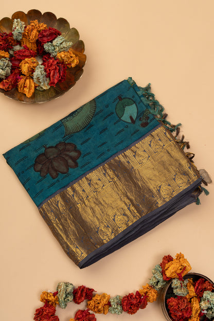 Kanchipuram Silk Kalamkari Blue Saree