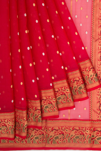Chanderi Kora Organza Butta Red Saree