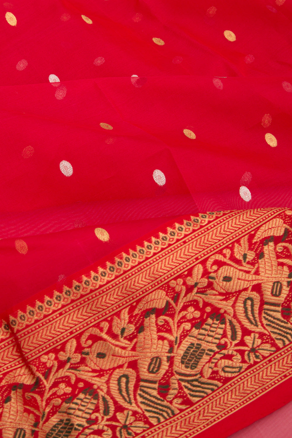Chanderi Kora Organza Butta Red Saree