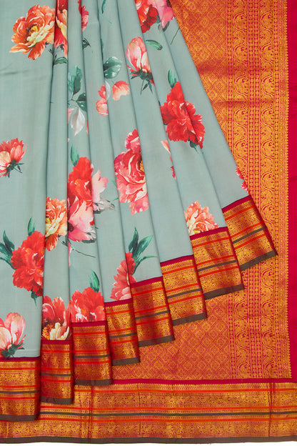 Kanchipuram Silk Floral Printed Greyish Blue Saree