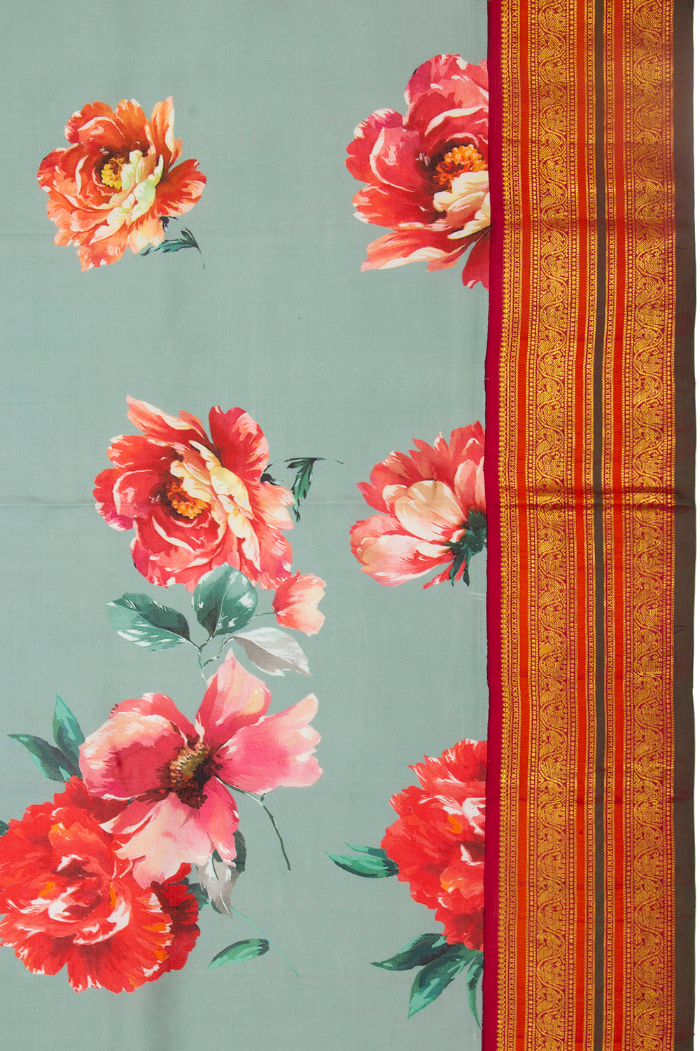 Kanchipuram Silk Floral Printed Greyish Blue Saree