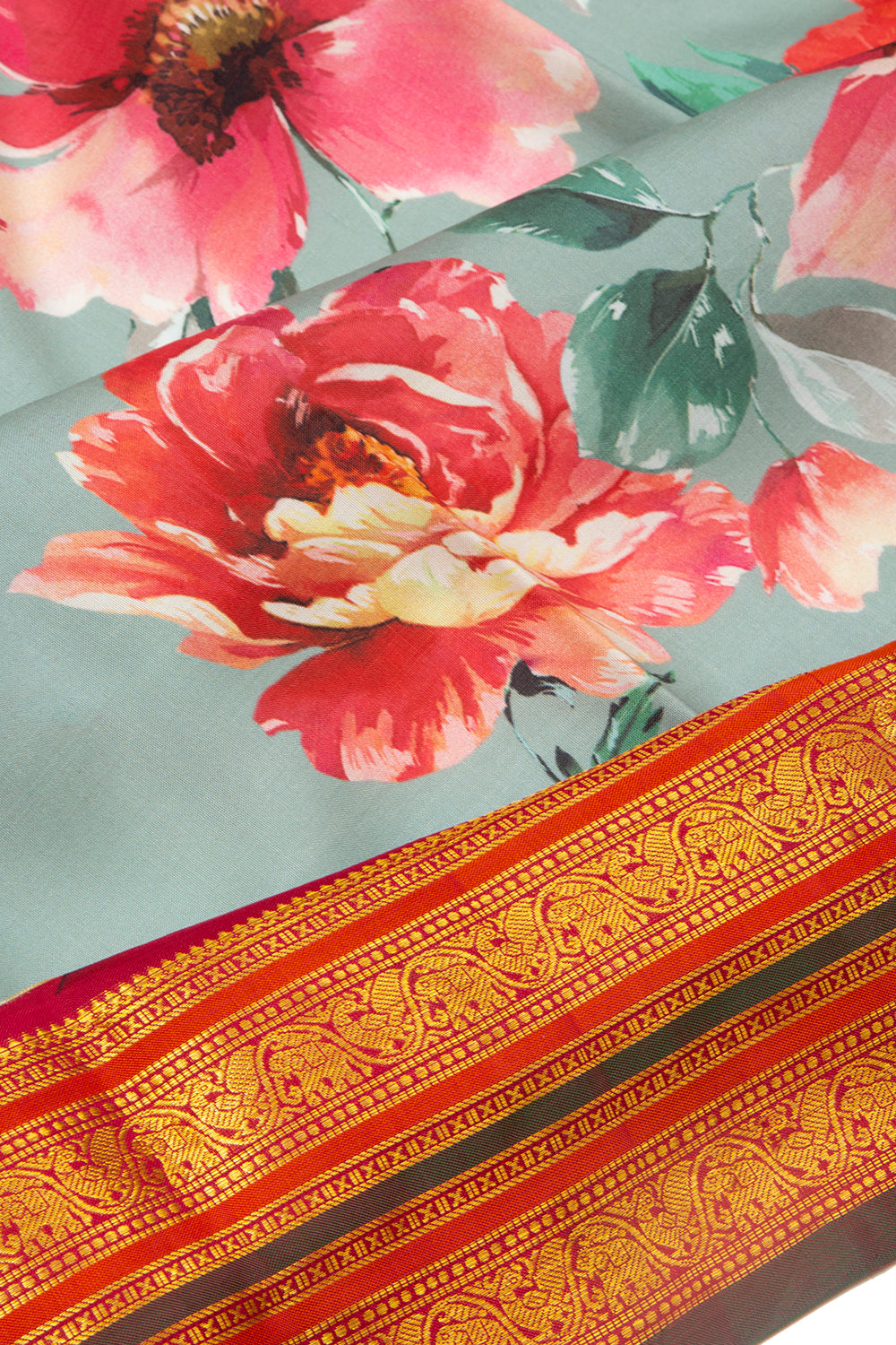 Kanchipuram Silk Floral Printed Greyish Blue Saree