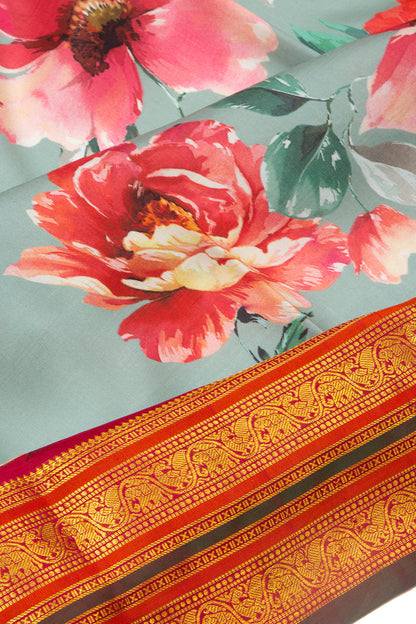 Kanchipuram Silk Floral Printed Greyish Blue Saree
