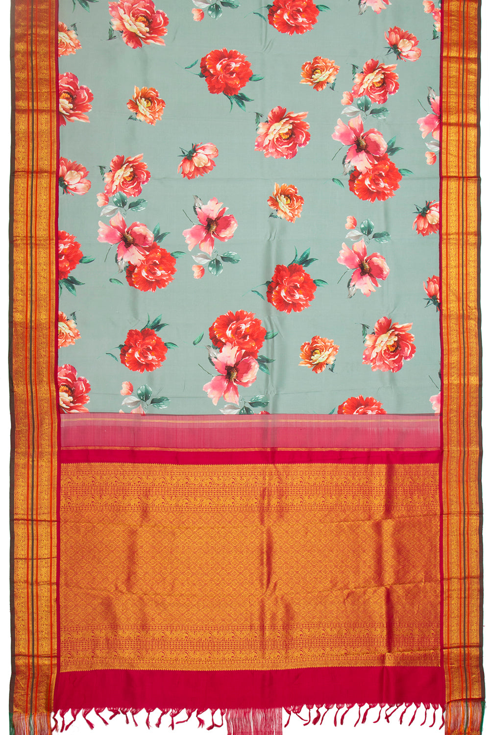 Kanchipuram Silk Floral Printed Greyish Blue Saree