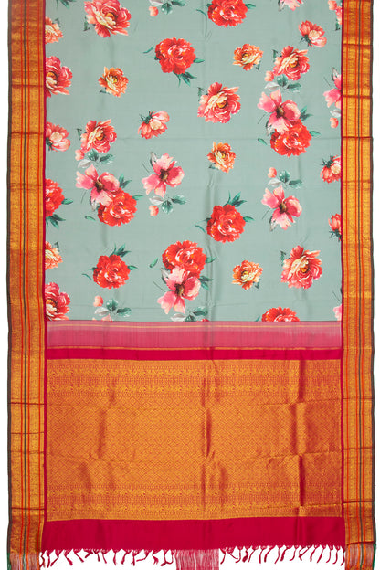 Kanchipuram Silk Floral Printed Greyish Blue Saree