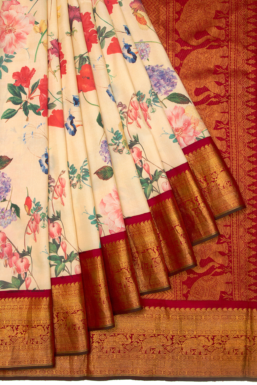 Kanchipuram Silk Floral Printed Cream Saree