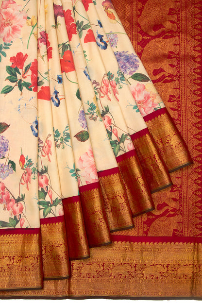 Kanchipuram Silk Floral Printed Cream Saree