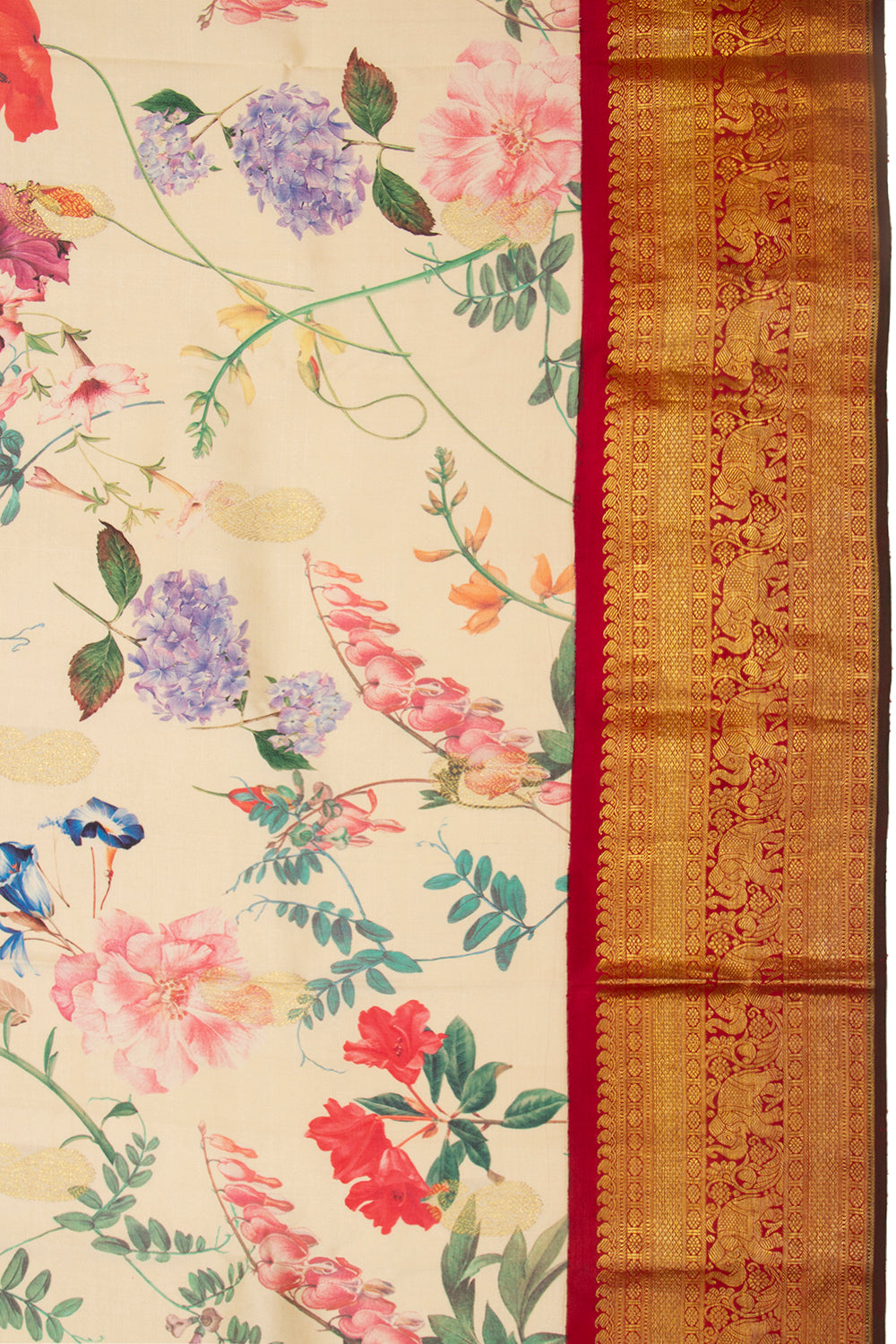 Kanchipuram Silk Floral Printed Cream Saree