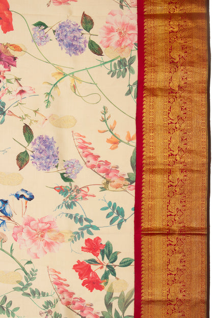 Kanchipuram Silk Floral Printed Cream Saree