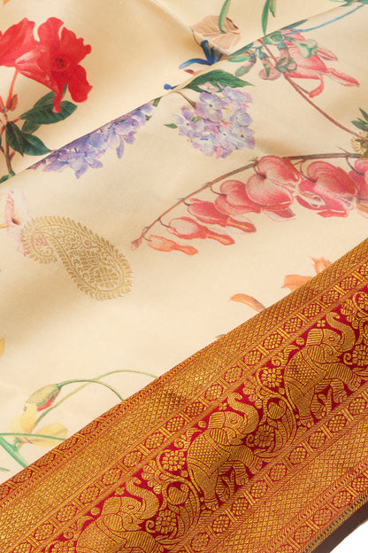 Kanchipuram Silk Floral Printed Cream Saree
