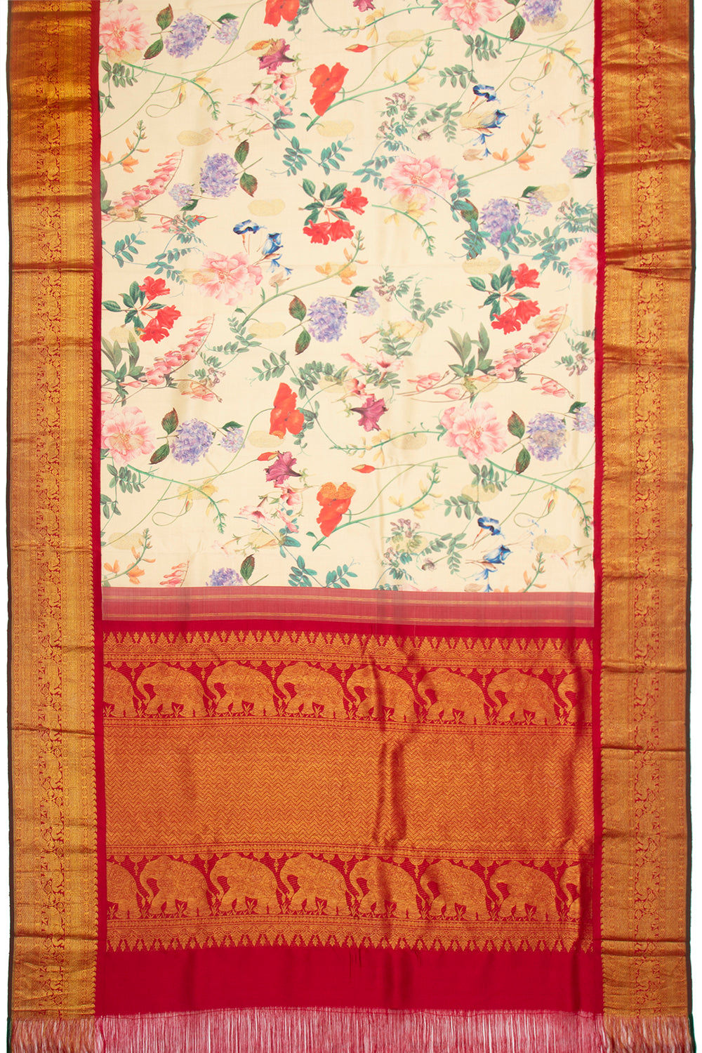 Kanchipuram Silk Floral Printed Cream Saree