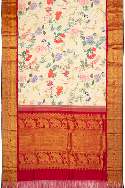 Kanchipuram Silk Floral Printed Cream Saree