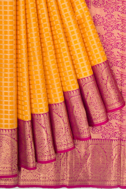 Kanchipuram Silk Checks Mustard Yellow Saree