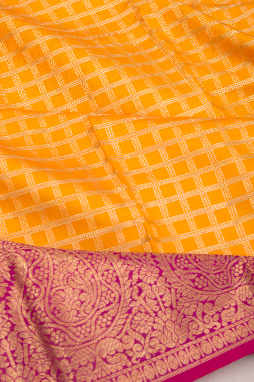 Kanchipuram Silk Checks Mustard Yellow Saree