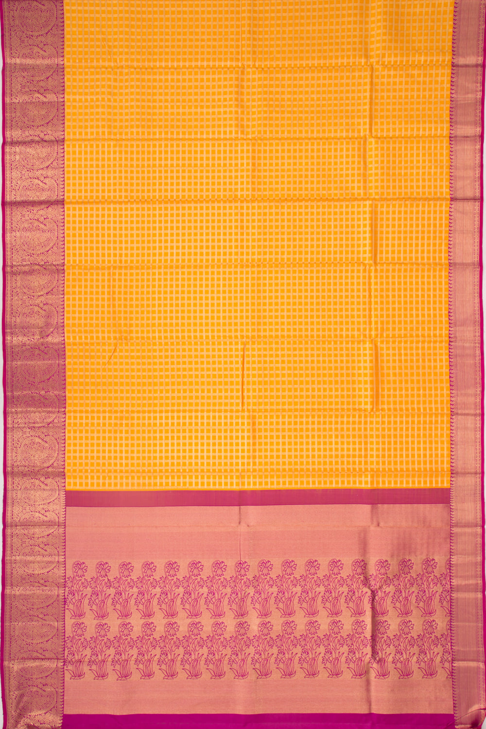 Kanchipuram Silk Checks Mustard Yellow Saree
