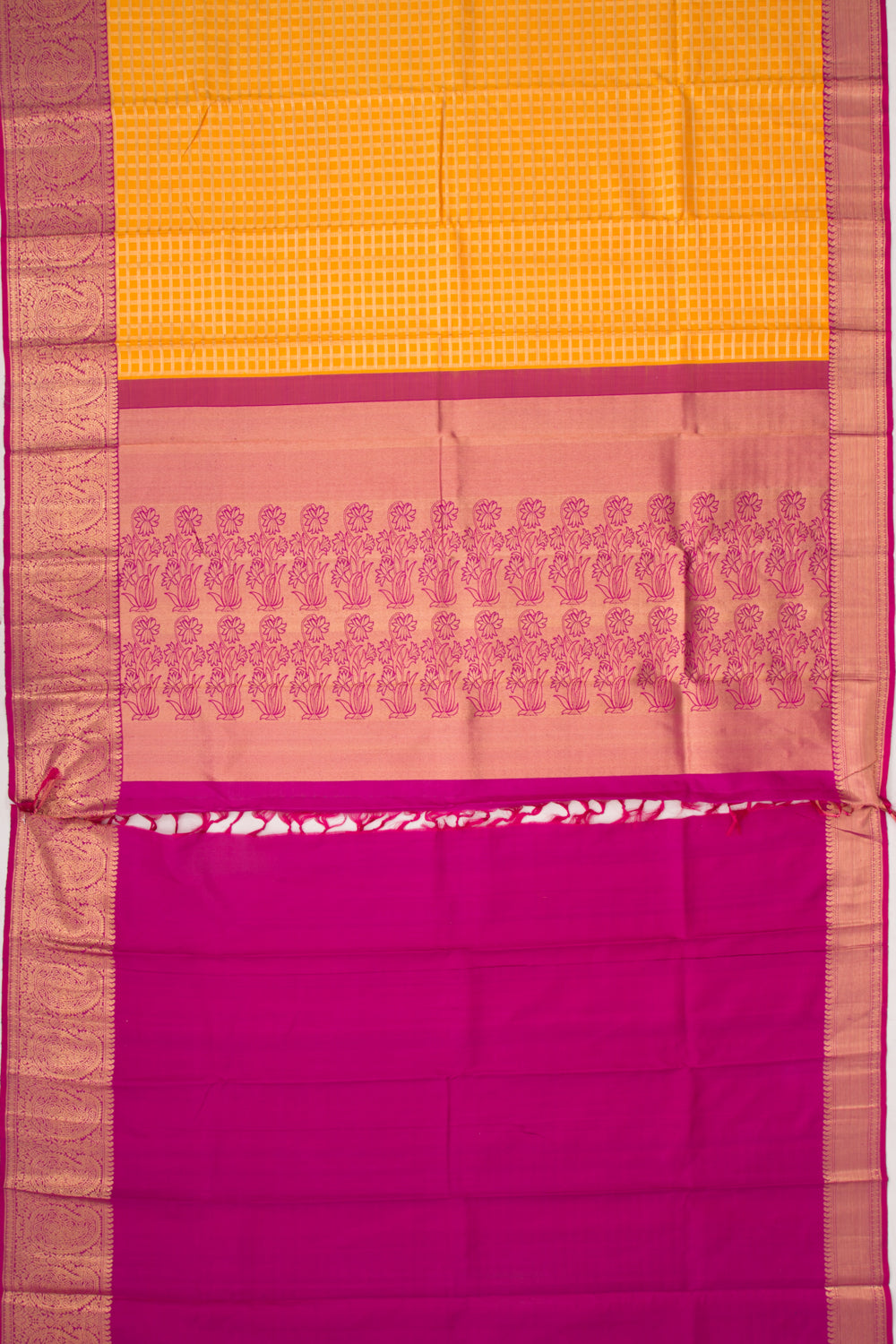 Kanchipuram Silk Checks Mustard Yellow Saree