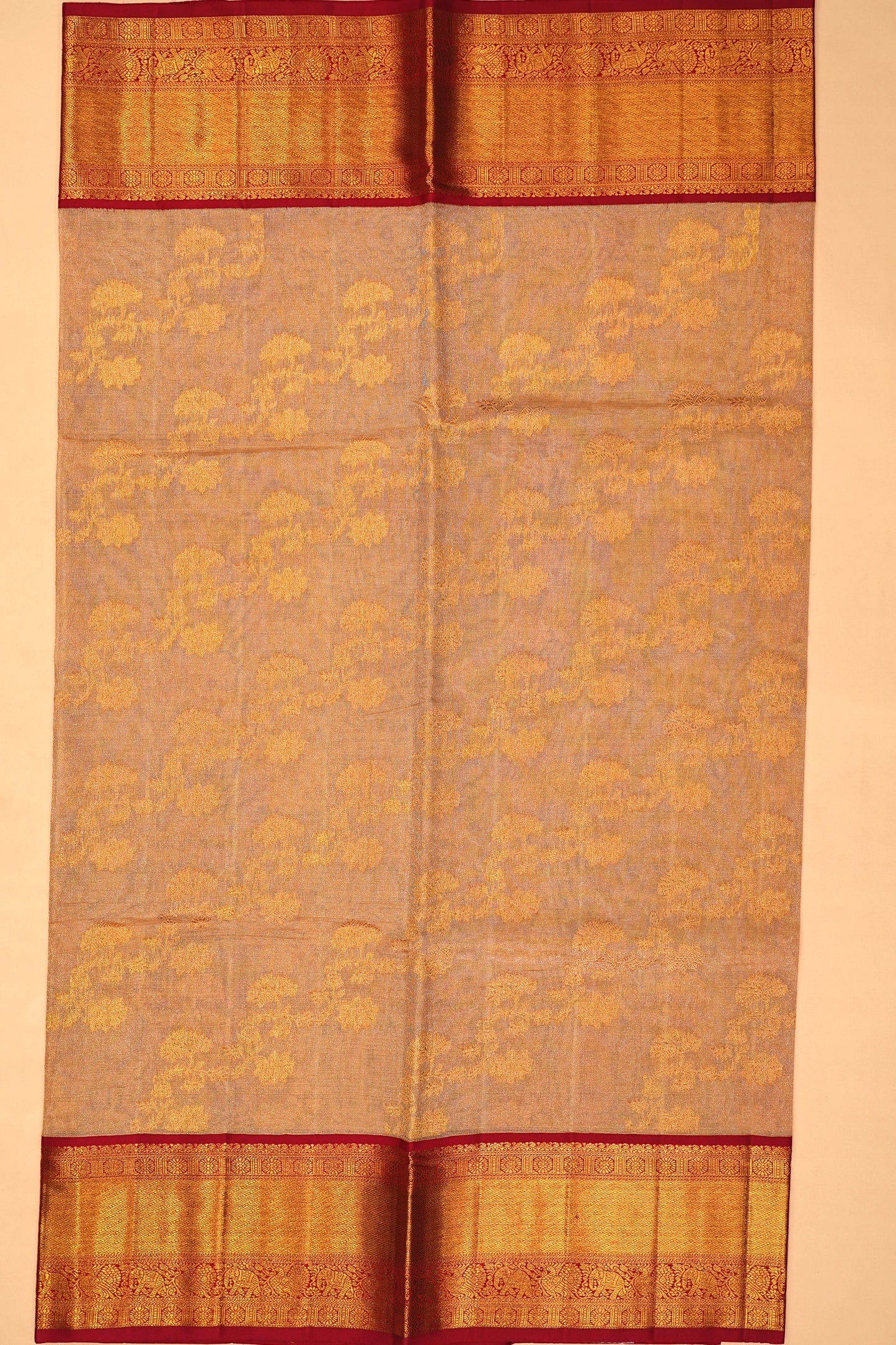 Kanchipuram Silk Tissue Jaal Cream Saree