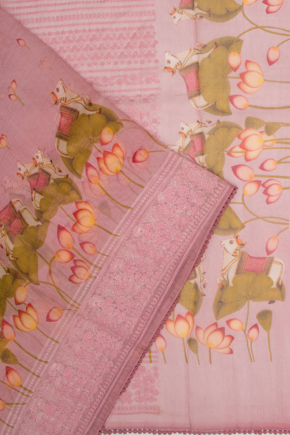 Organza Floral Embroidery Lilac Saree With Pichwai Printed