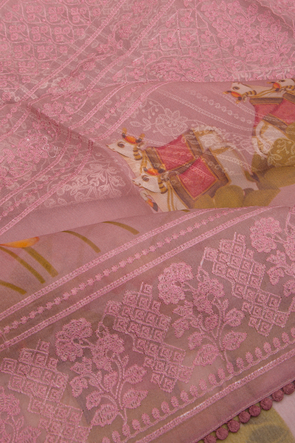 Organza Floral Embroidery Lilac Saree With Pichwai Printed