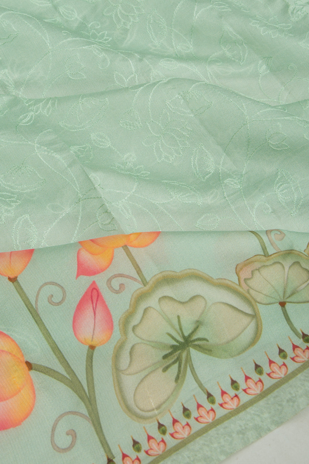Soft Silk Floral Embroidery Pastel Green Saree With Pichwai Printed