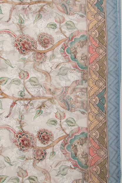 Organza Floral Embroidery And Printed White Saree