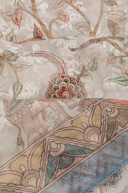 Organza Floral Embroidery And Printed White Saree