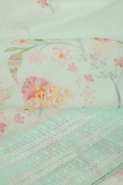 Organza Floral Printed Sea Green Saree