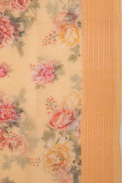 Organza Floral Printed Sandalwood Yellow Saree