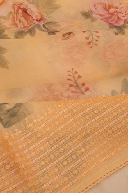 Organza Floral Printed Sandalwood Yellow Saree