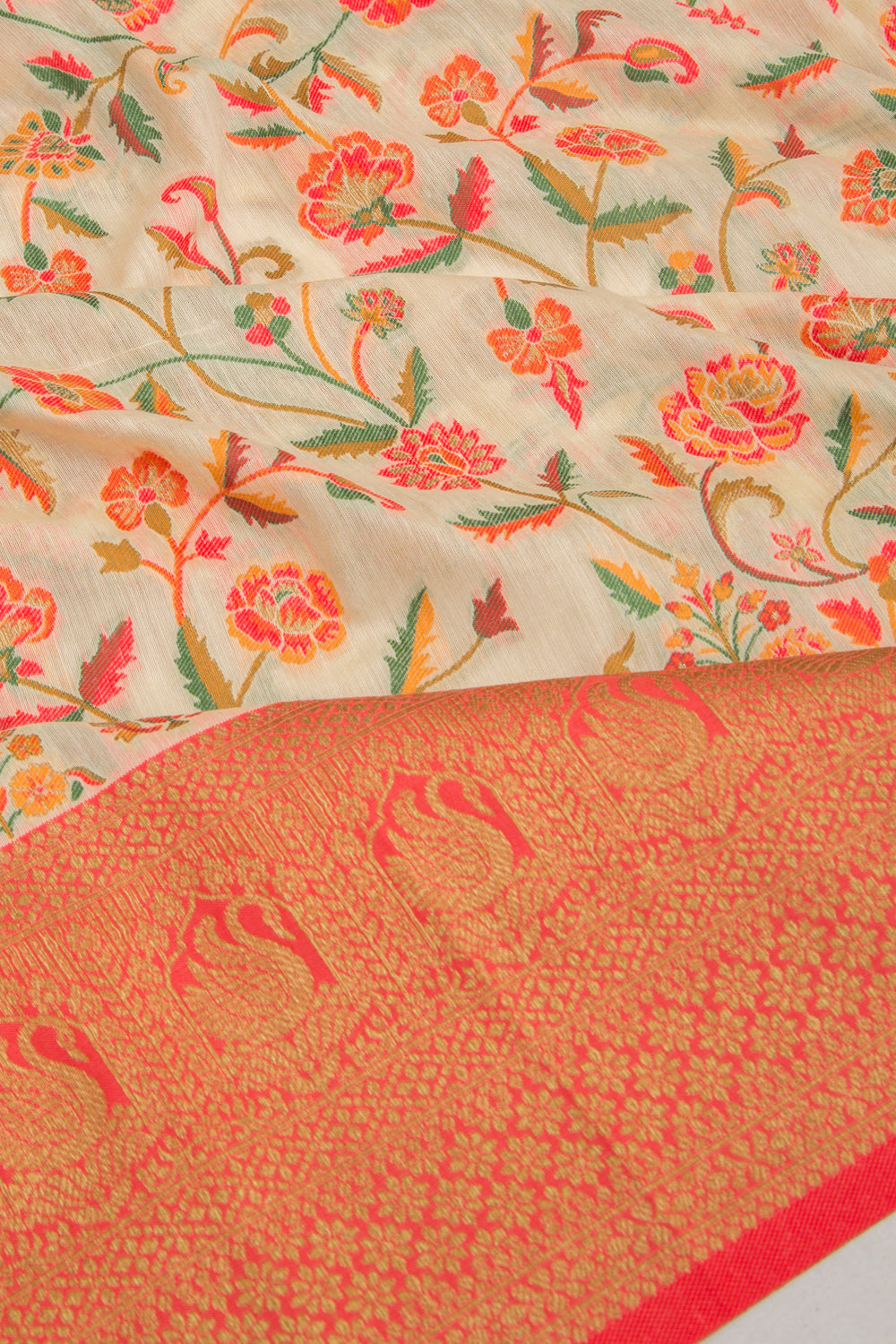 Chanderi Cotton Floral Jaal Cream Saree
