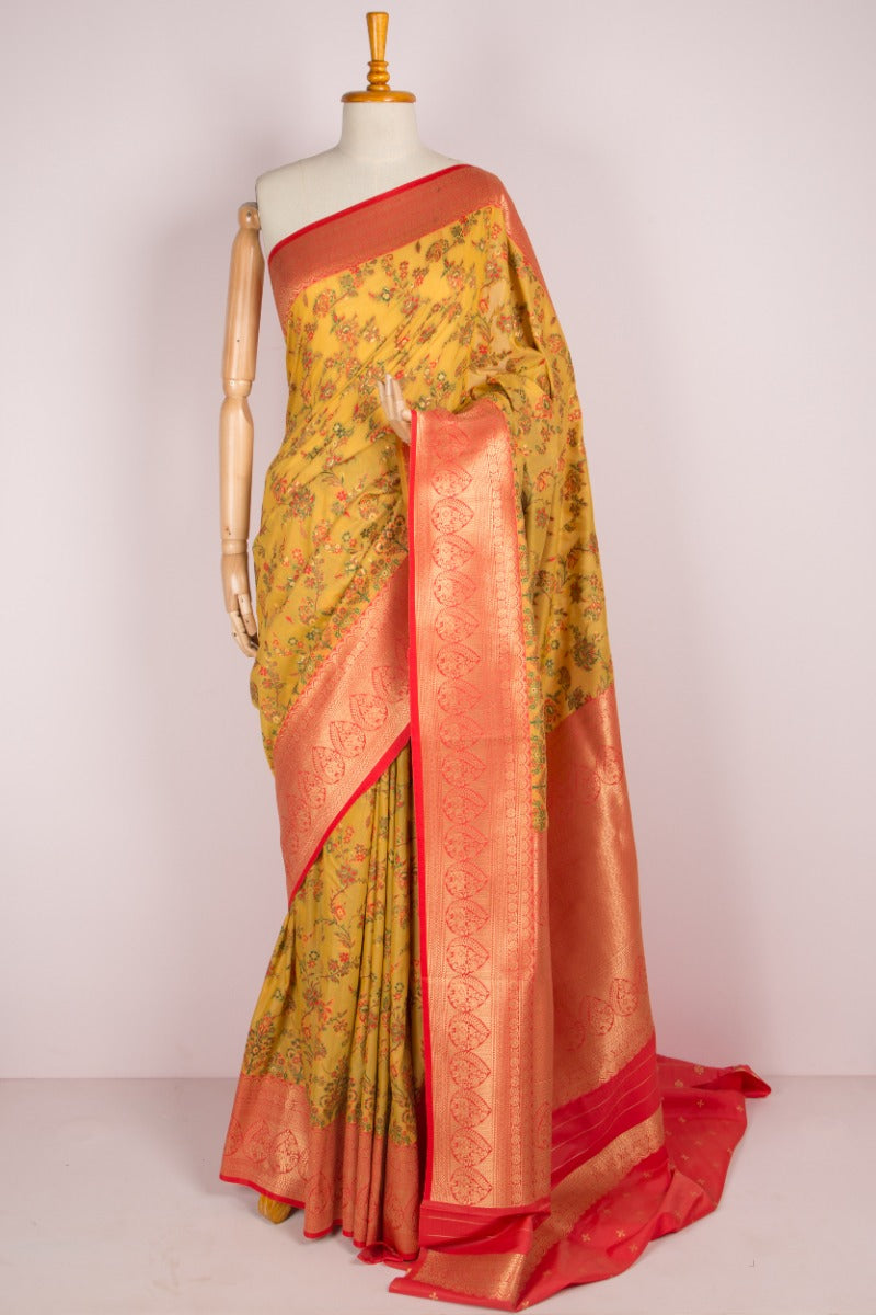 Chanderi Cotton Floral Jaal Mustard Yellow Saree
