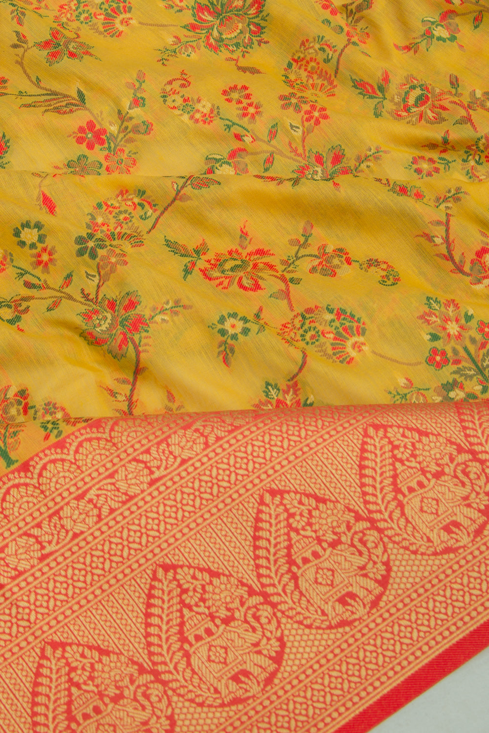 Chanderi Cotton Floral Jaal Mustard Yellow Saree