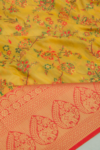 Chanderi Cotton Floral Jaal Mustard Yellow Saree