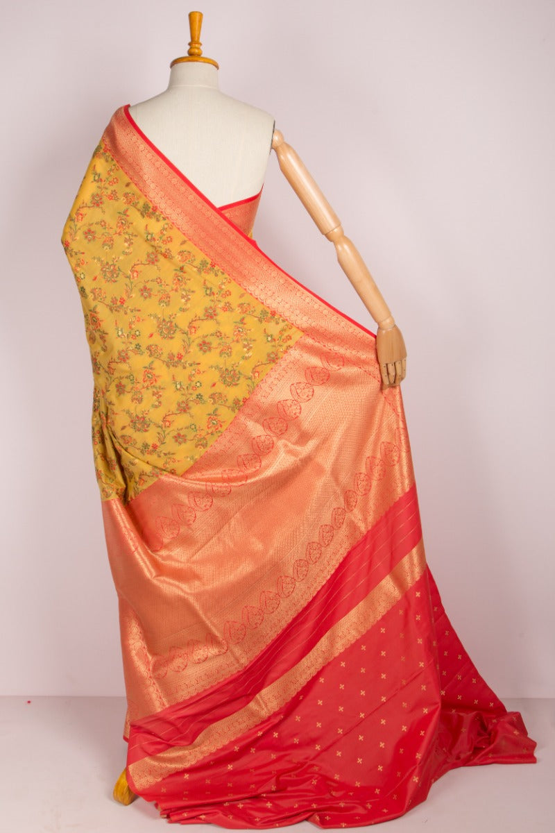 Chanderi Cotton Floral Jaal Mustard Yellow Saree