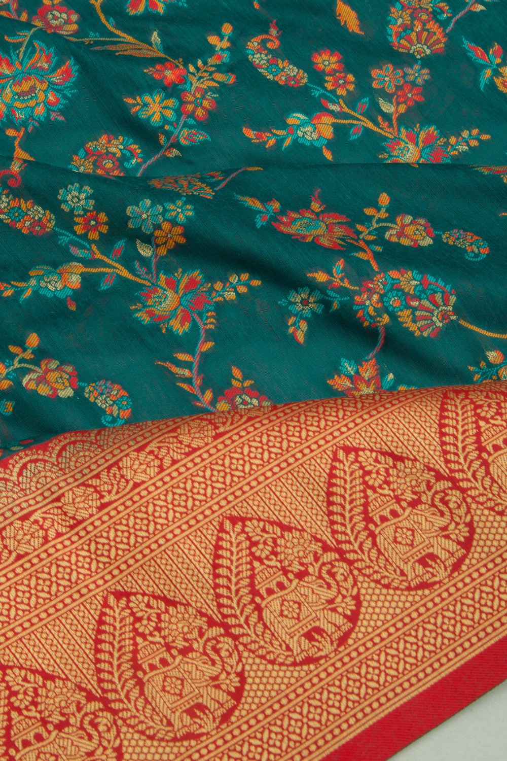 Chanderi Cotton Jaal Teal Green Saree