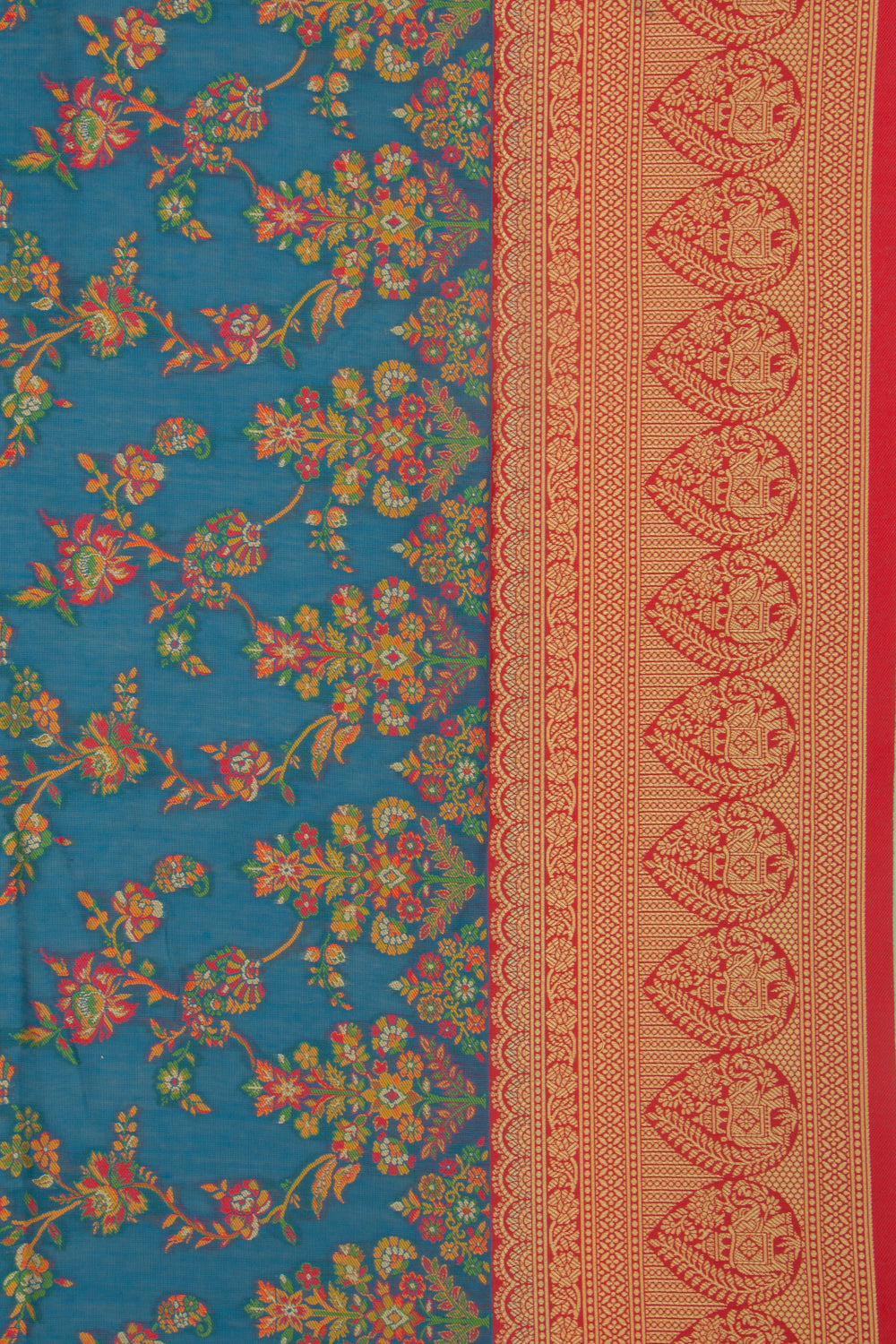 Chanderi Cotton Floral Jaal Teal Blue Saree