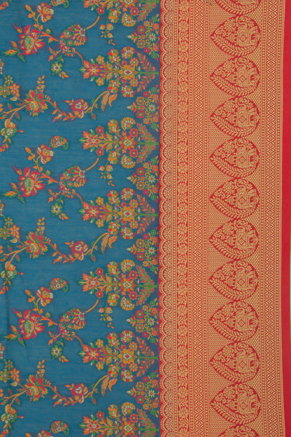 Chanderi Cotton Floral Jaal Teal Blue Saree
