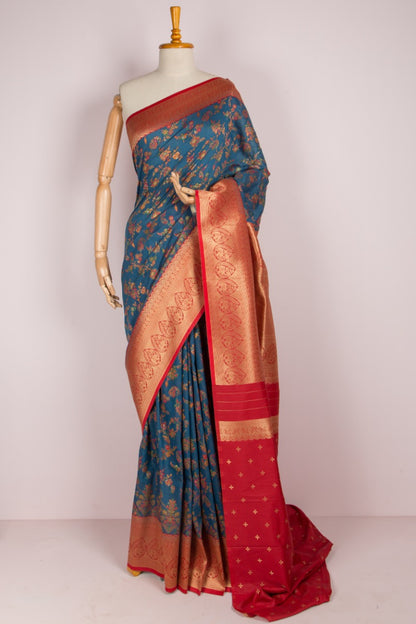 Chanderi Cotton Floral Jaal Teal Blue Saree