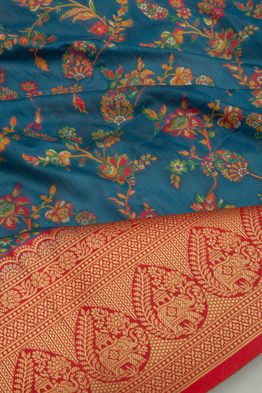 Chanderi Cotton Floral Jaal Teal Blue Saree