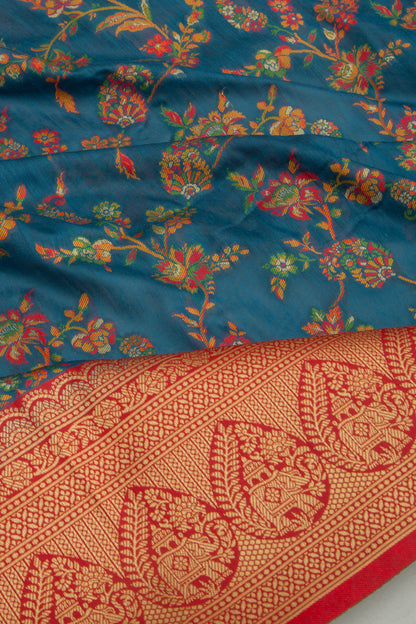 Chanderi Cotton Floral Jaal Teal Blue Saree