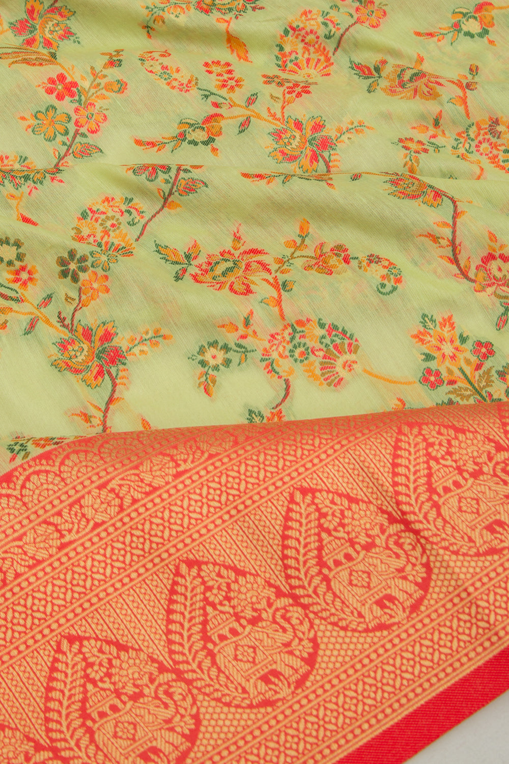 Chanderi Cotton Floral Jaal Pastel Green Saree