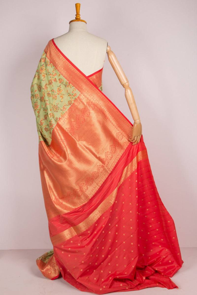 Chanderi Cotton Floral Jaal Pastel Green Saree