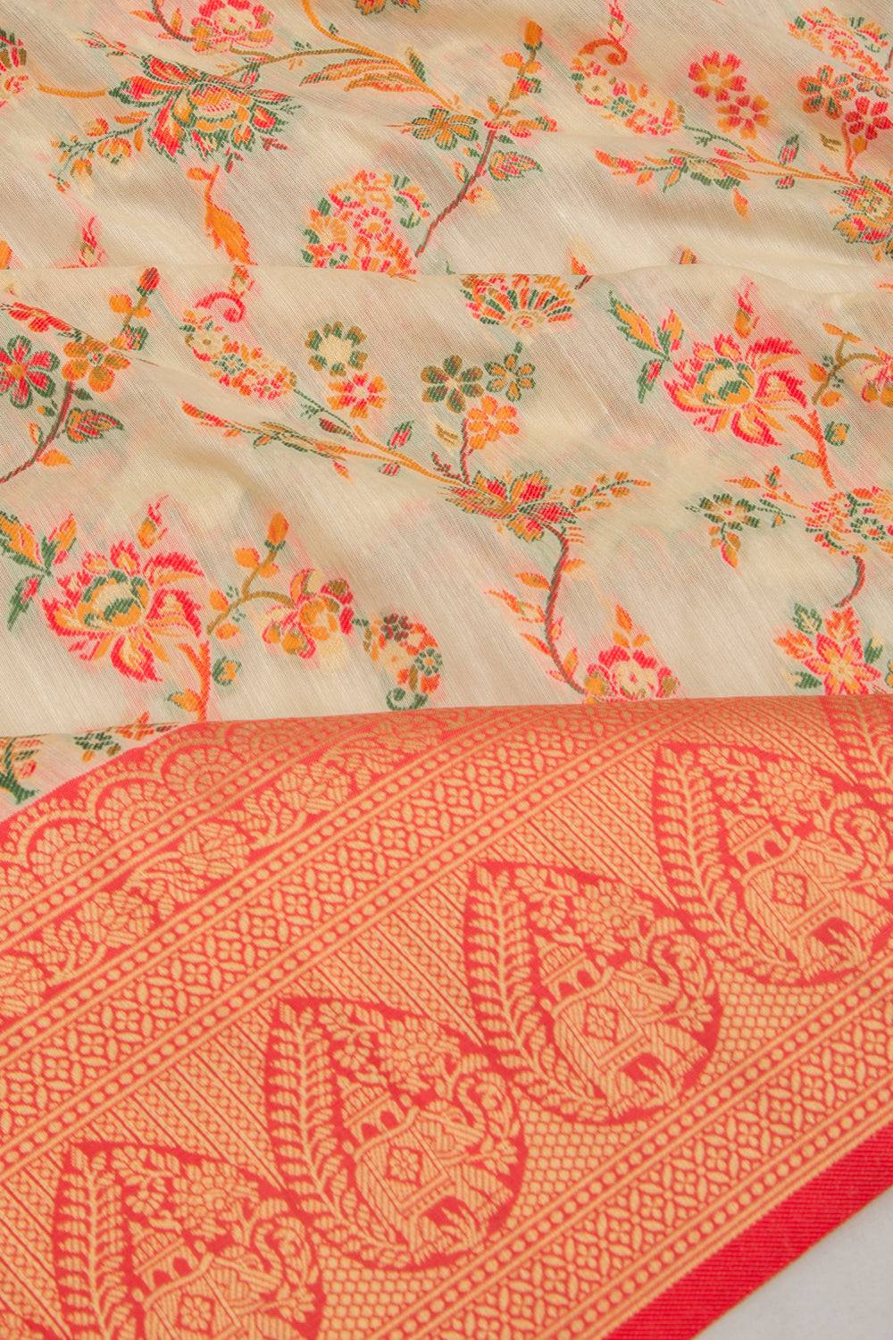 Chanderi Cotton Floral Jaal Cream Saree