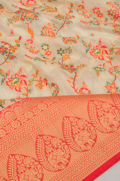 Chanderi Cotton Floral Jaal Cream Saree