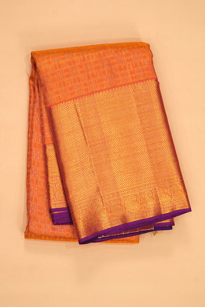 Kanchipuram Silk Checks And Butta Orange Saree